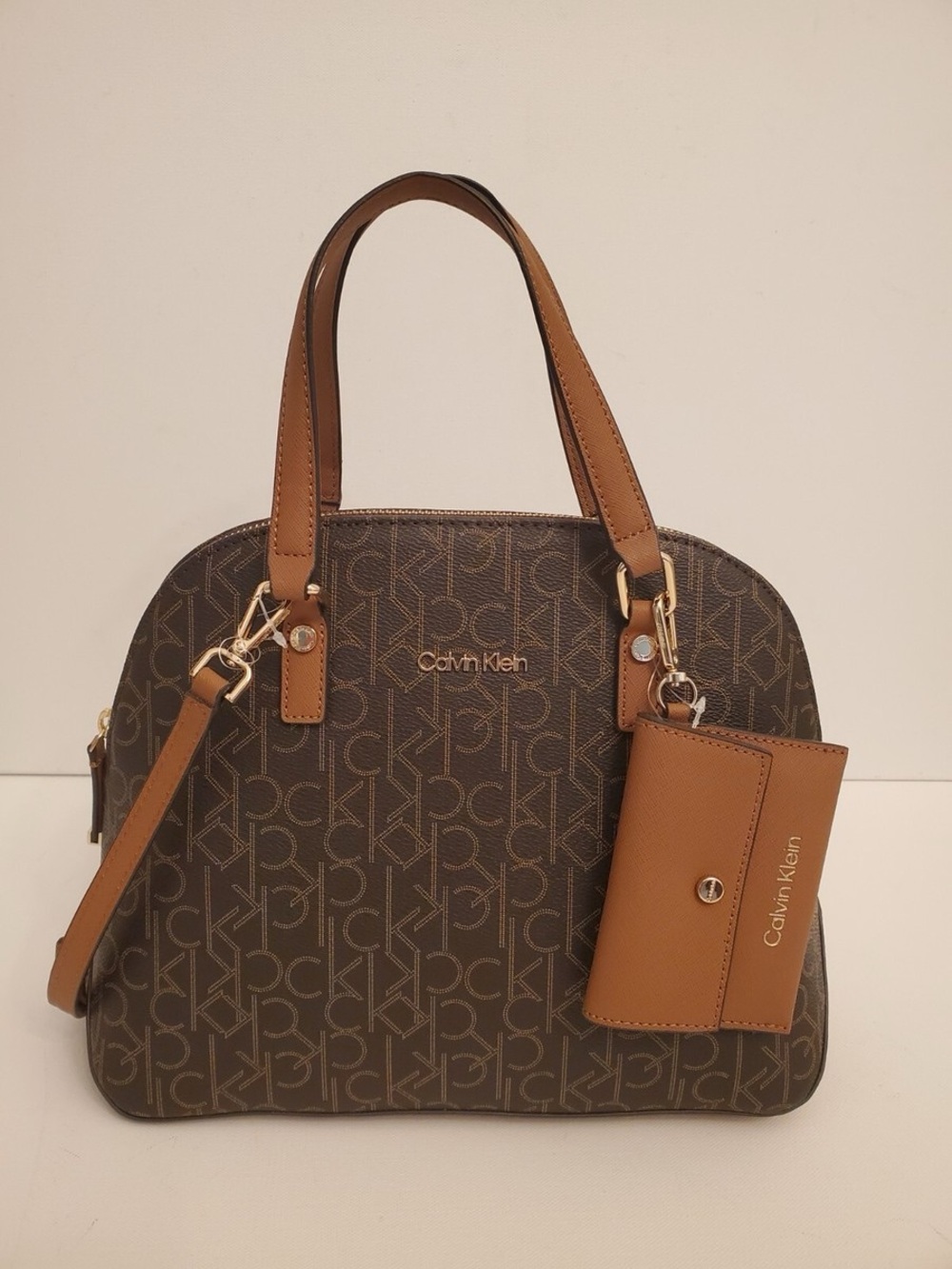 Calvin Klein Women's Medium Round Satchel Handbag CK Logo Pouch Brown Khaki Gold
